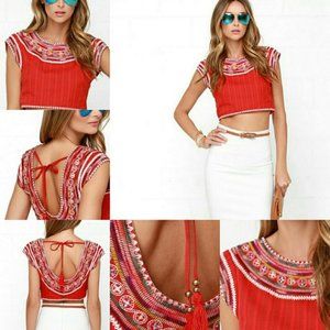 Billabong Chica Amiga Red Embroidered Crop Top NWT